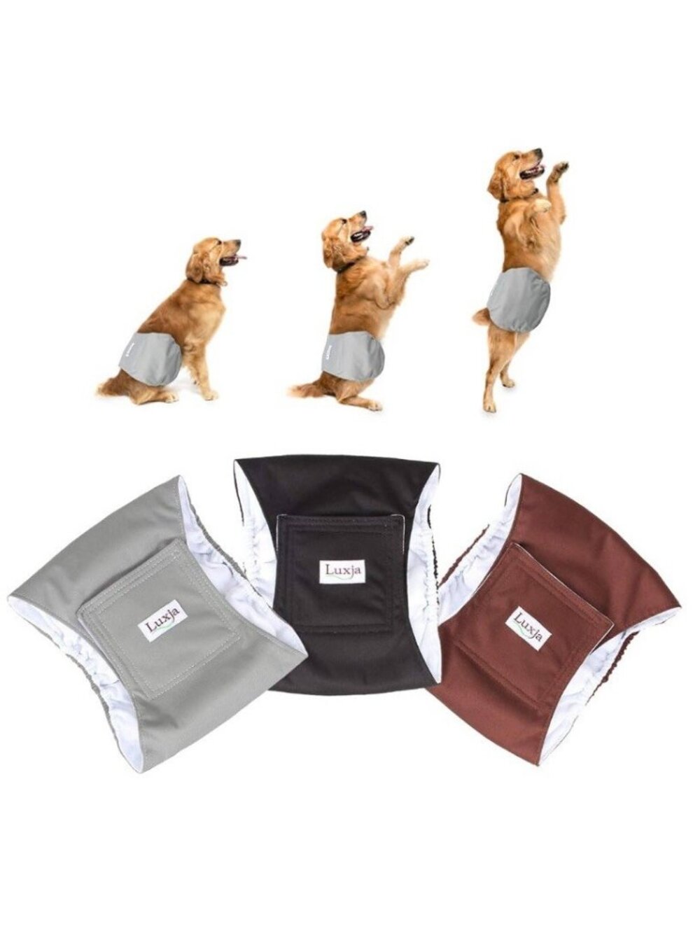 3 Pack Luxja Reusable Male Dog Diapers Black Gray Coffee Large Machine Washable